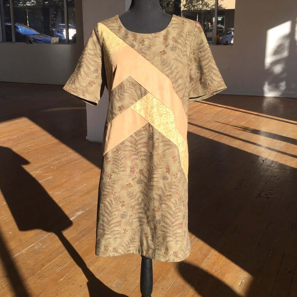 Handmade green and tan floral patchwork shirt sleeve dress